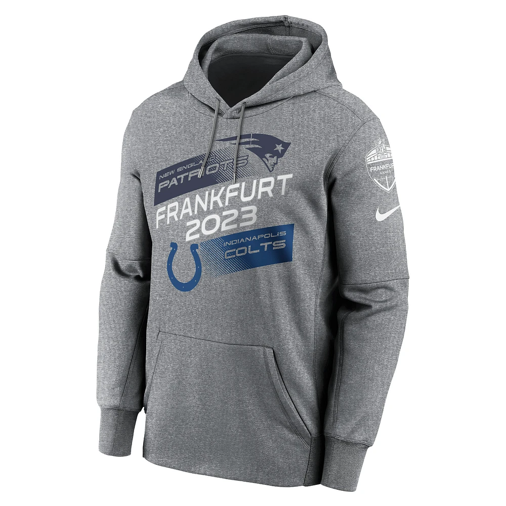 Sweat à capuche Nike Heather Charcoal pour hommes des New England Patriots contre les Indianapolis Colts 2023 Frankfurt Game