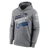 Men's Nike Heather Charcoal New England Patriots vs. Indianapolis Colts 2023 Frankfurt Game Pullover Hoodie