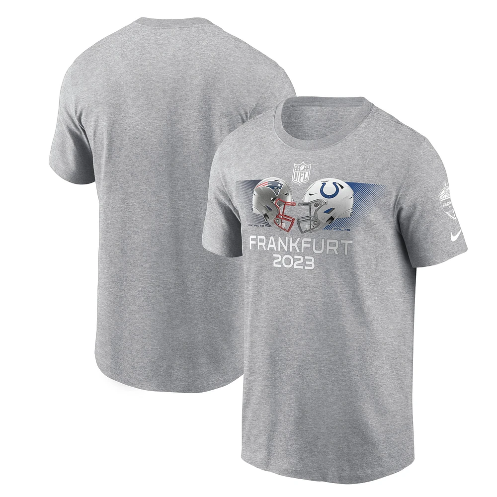 Men's Nike Heather Gray New England Patriots vs. Indianapolis Colts 2023 Frankfurt Game Essential T-Shirt