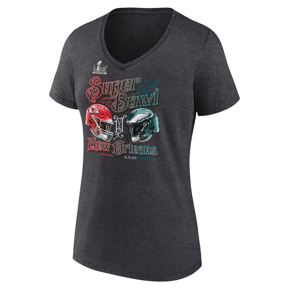 Women's Fanatics Heather Charcoal Kansas City Chiefs vs. Philadelphia Eagles Super Bowl LIX Matchup Plus Final Battle V-Neck T-Shirt