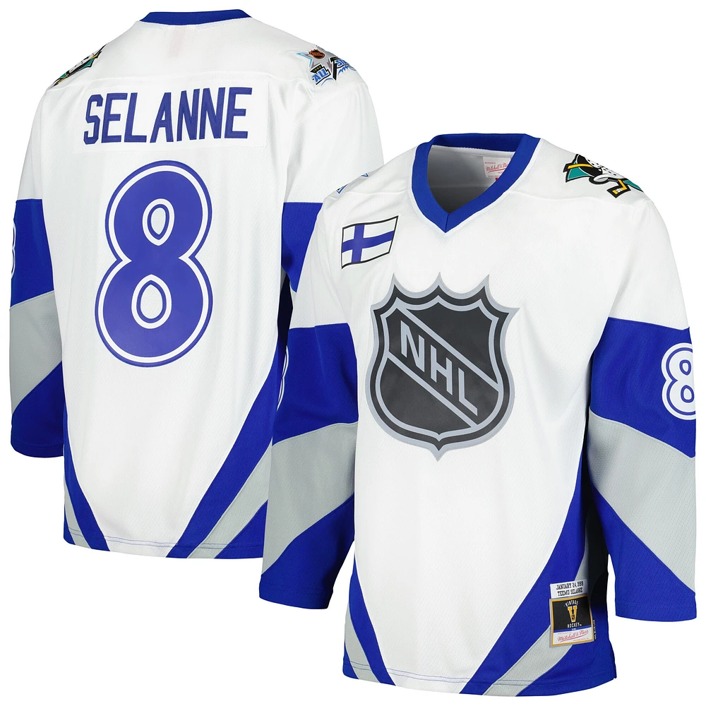 Maillot de joueur la ligne bleue du match des étoiles LNH 1999 Mitchell & Ness Teemu Selanne blanc pour hommes