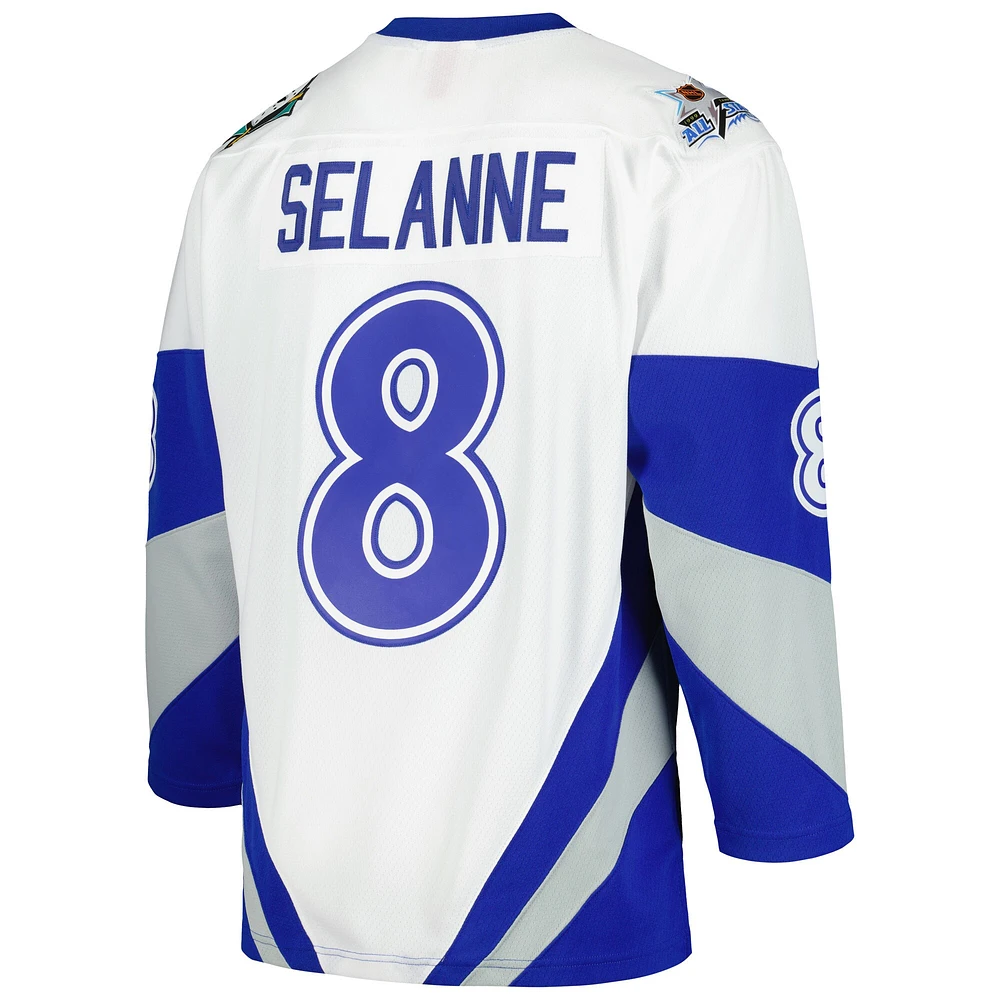 Maillot de joueur la ligne bleue du match des étoiles LNH 1999 Mitchell & Ness Teemu Selanne blanc pour hommes