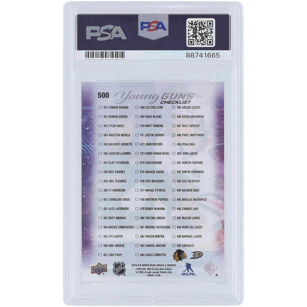Connor Bedard and Leo Carlsson 2023 Upper Deck Clear Cut Young Guns Checklist #500 PSA Authenticated 9 Rookie Card