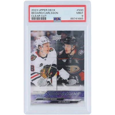 Connor Bedard and Leo Carlsson 2023 Upper Deck Clear Cut Young Guns Checklist #500 PSA Authenticated 9 Rookie Card