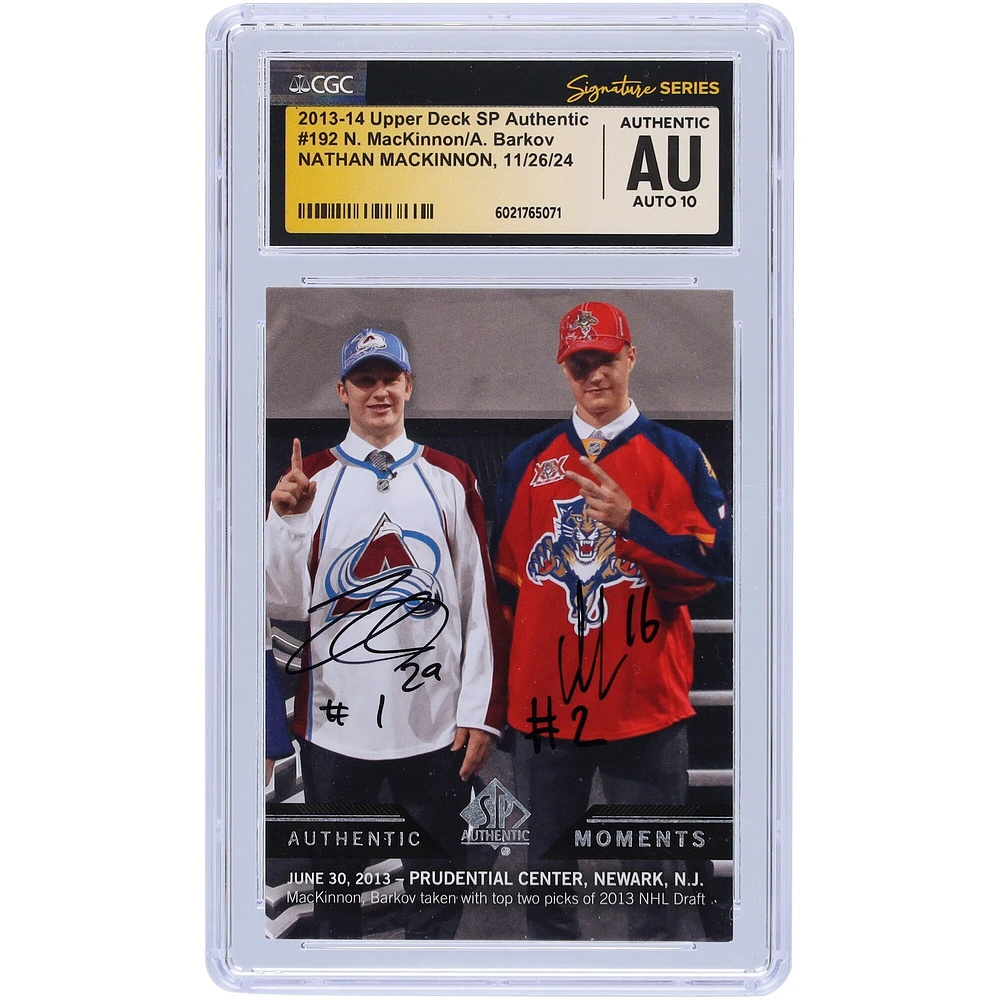 Nathan MacKinnon et Aleksander Barkov ont autographié la carte de recrue authentique Upper Deck SP #192 2013-14 CGC Fanatics Witnessed Auto 10 avec les inscriptions « #1 » et « #2 »