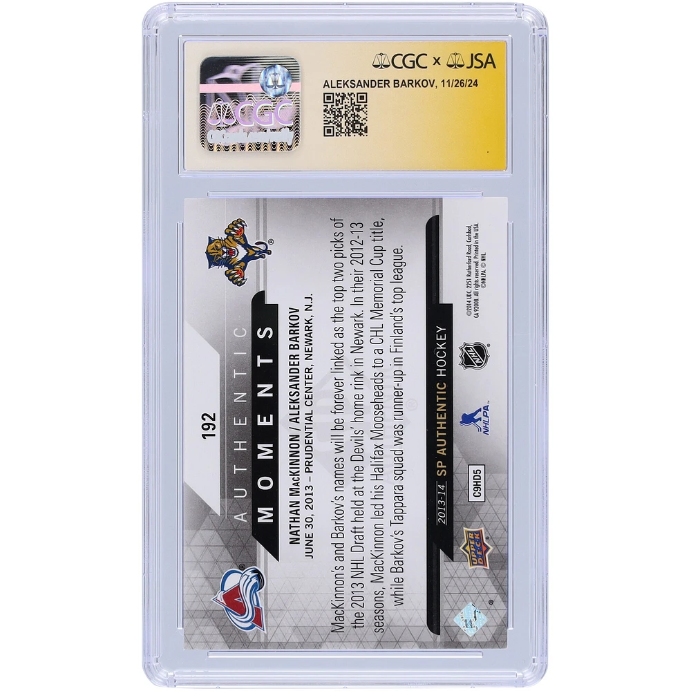 Nathan MacKinnon et Aleksander Barkov ont autographié la carte de recrue authentique Upper Deck SP #192 2013-14 CGC Fanatics Witnessed Auto 10 avec les inscriptions « #1 » et « #2 »