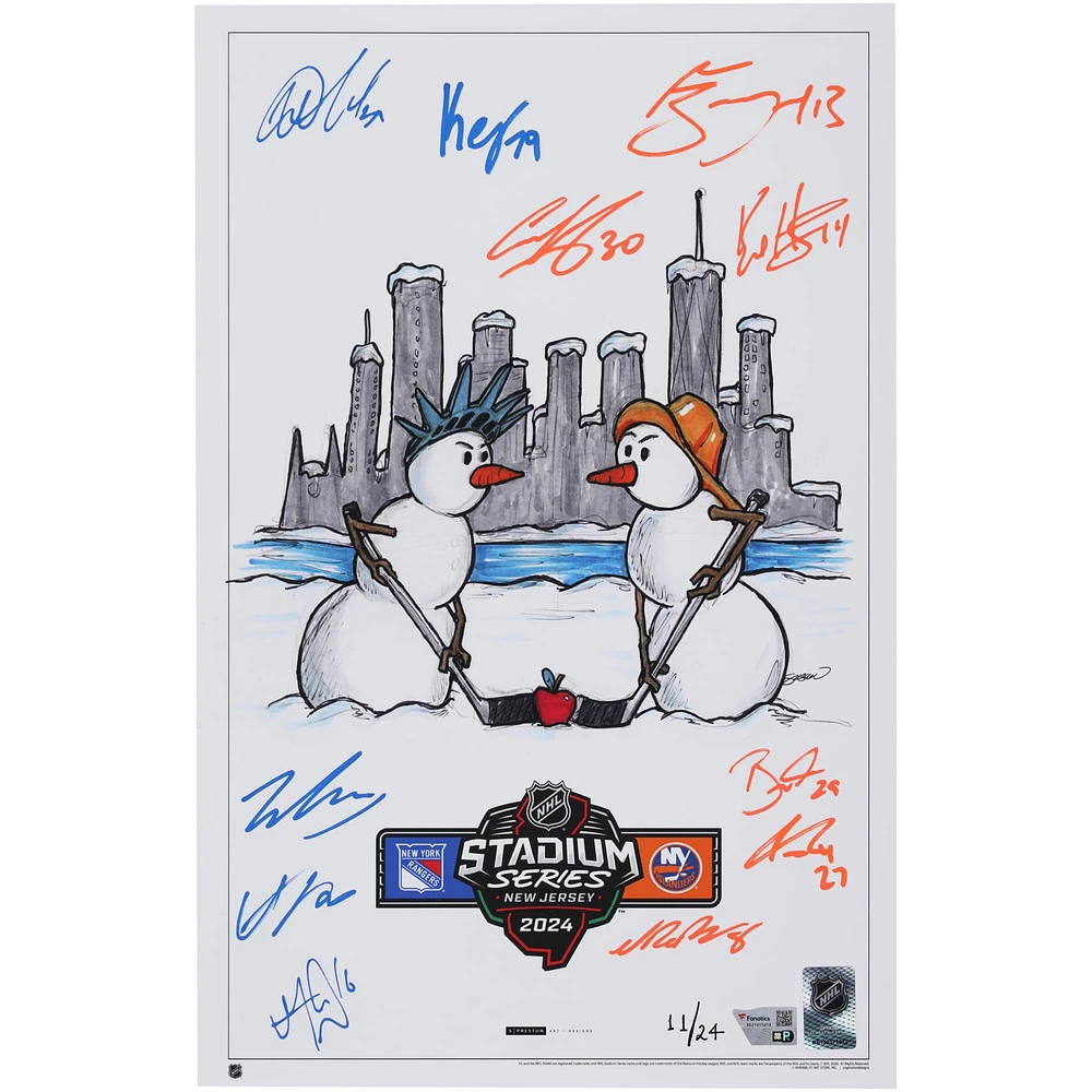 Tirage autographié 14" x 20" de la série NHL Stadium 2024 des Rangers de New York contre les Islanders de New York par S. Preston avec 11 signatures - Édition limitée à 24