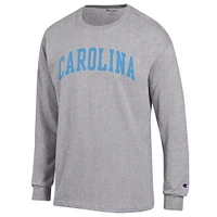 T-shirt à manches longues Champion Heather Grey pour homme, équipe des Tar Heels de Caroline du Nord.
