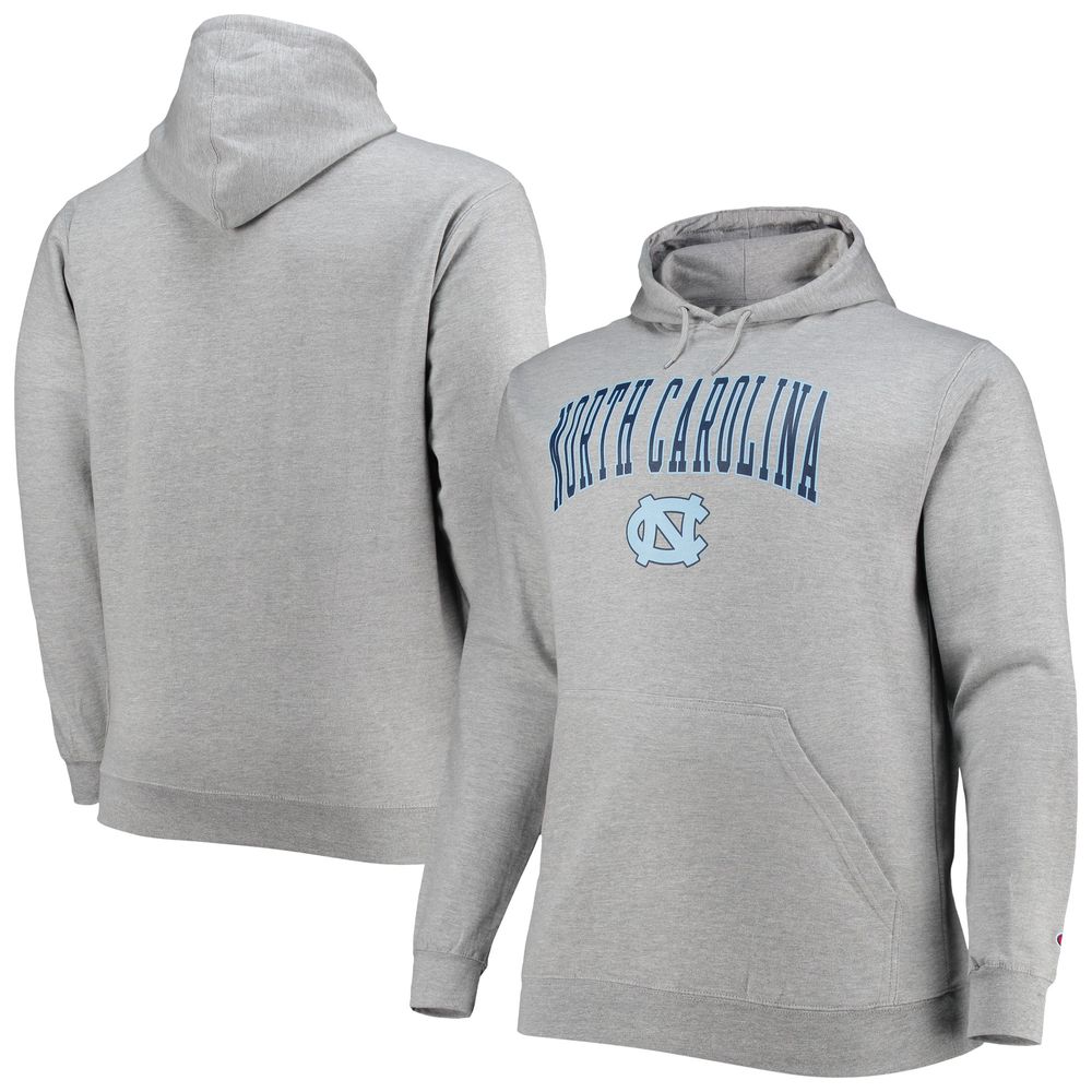 Men's Champion Heather Gray North Carolina Tar Heels Big & Tall Arch Over Logo Powerblend Pullover Hoodie