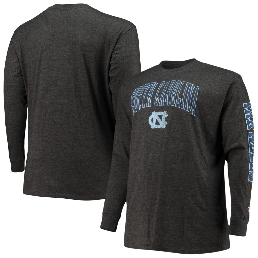 Men's Champion Heathered Charcoal North Carolina Tar Heels Big & Tall 2-Hit Long Sleeve T-Shirt