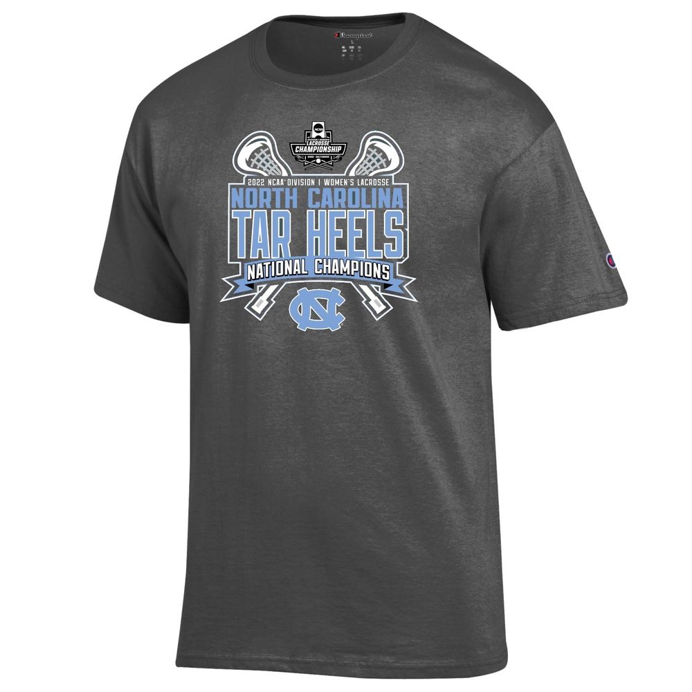 Men's Champion Heathered Gray North Carolina Tar Heels 2022 NCAA Women's Lacrosse National Champions Locker Room T-Shirt