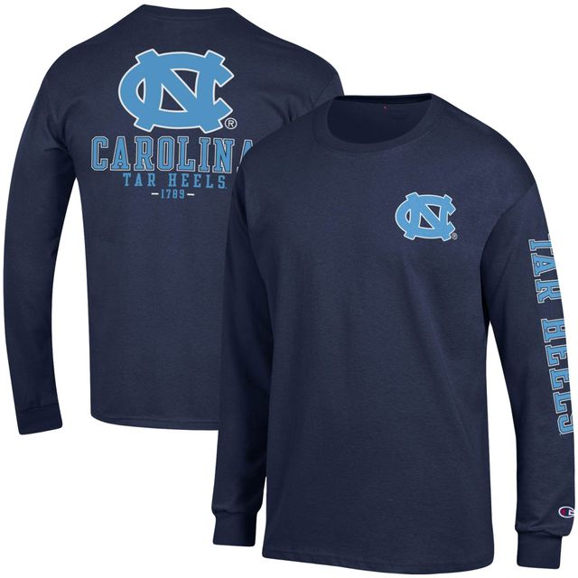 Champion Navy North Carolina Tar Heels Team Stack T-shirt à manches longues pour hommes