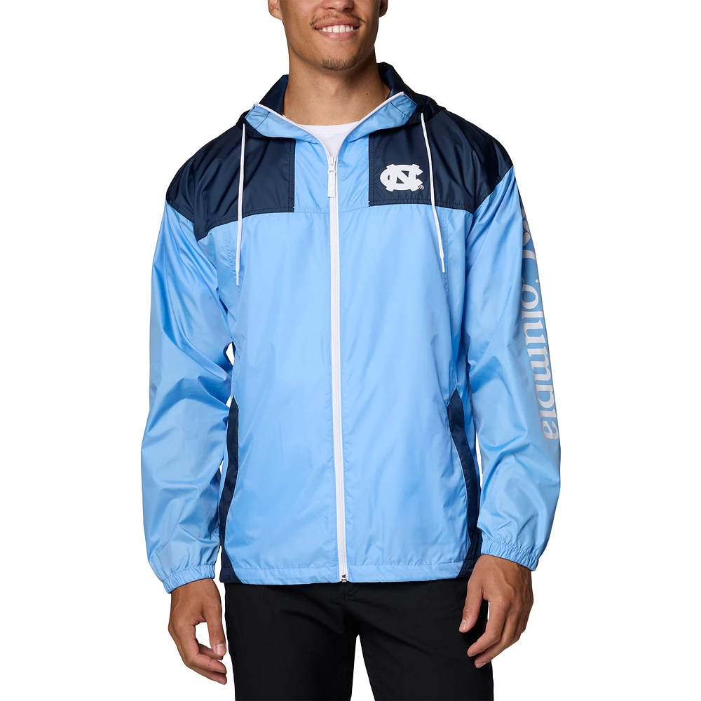 Veste coupe-vent à capuche entièrement zippée Columbia Carolina Blue North Tar Heels Flash Challenger II Omni-Shade pour homme