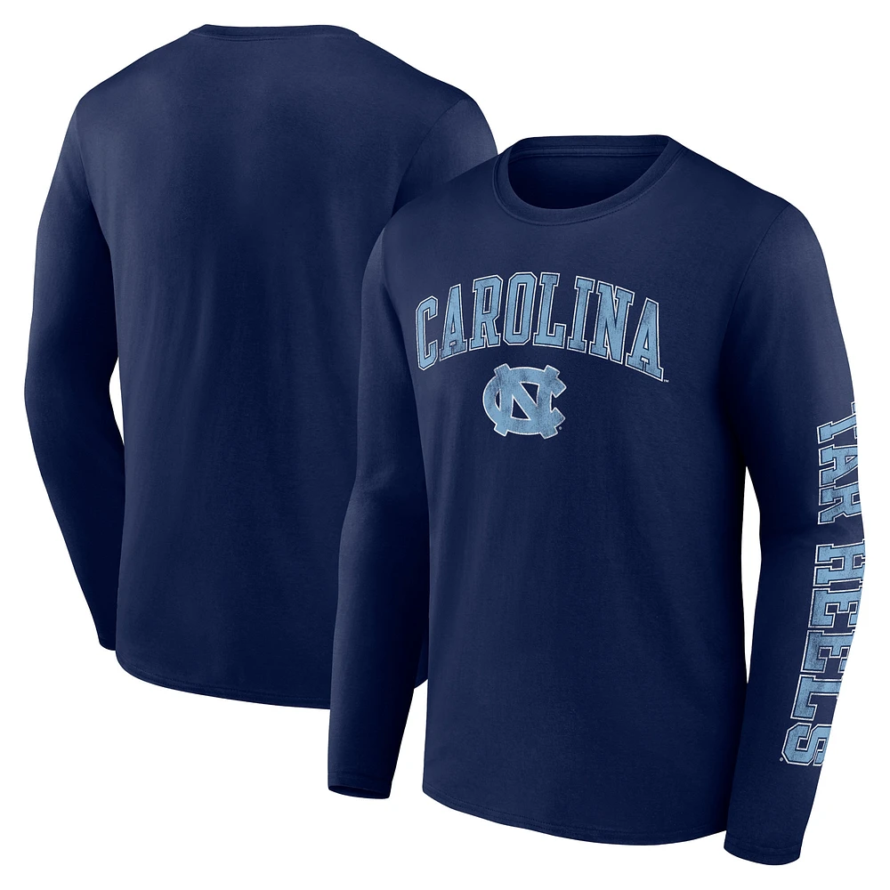 T-shirt à manches longues avec logo Fanatics Navy North Carolina Tar Heels en détresse pour hommes