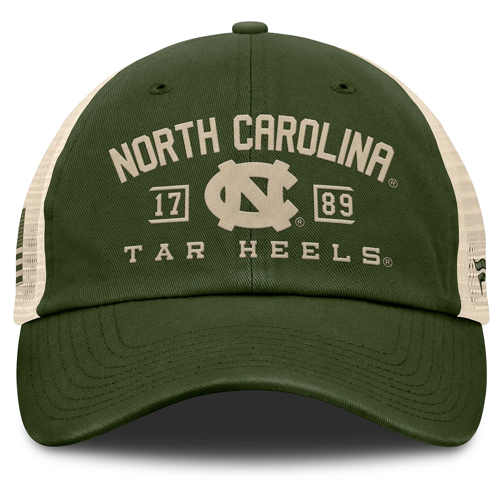 Men's Fanatics Olive North Carolina Tar Heels OHT Military Appreciation Frontier Trucker Adjustable Hat