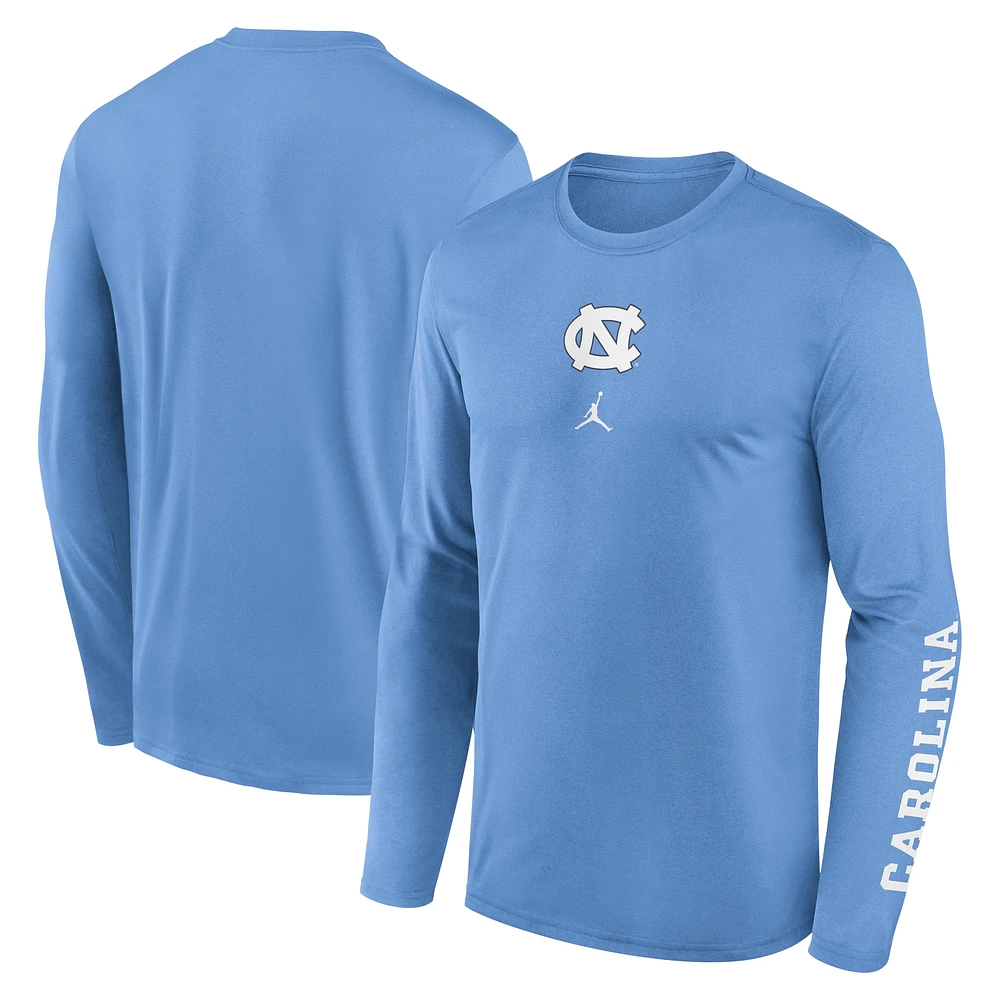 T-shirt à manches longues Jordan Brand Carolina Blue North Tar Heels Primetime Center Lockup Two-Hit Legend pour homme