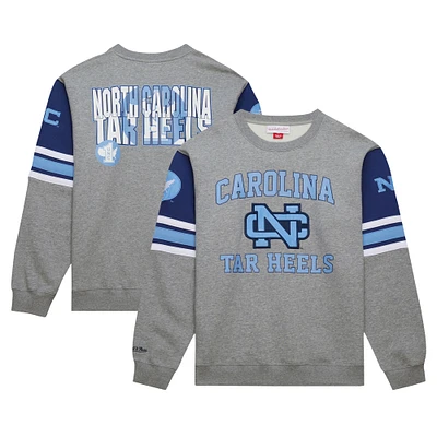 Sweat-shirt Mitchell & Ness gris chiné North Carolina Tar Heels Throwback Allover 4.0 pour hommes