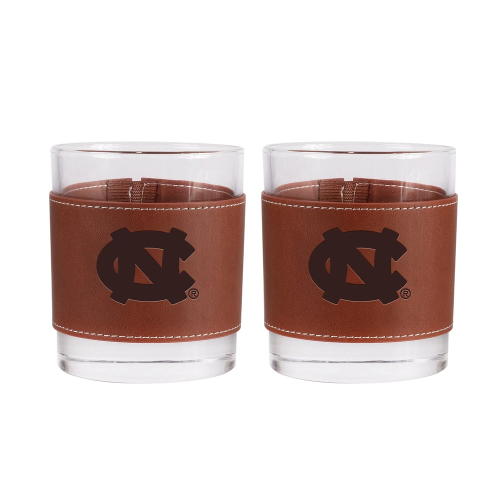 Lot de 2 verres à whisky de 12 oz avec emballage en cuir des Tar Heels de Caroline du Nord