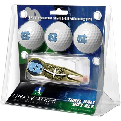 North Carolina Tar Heels 3-Pack Golf Ball Gift Set with Gold Crosshair Divot Tool