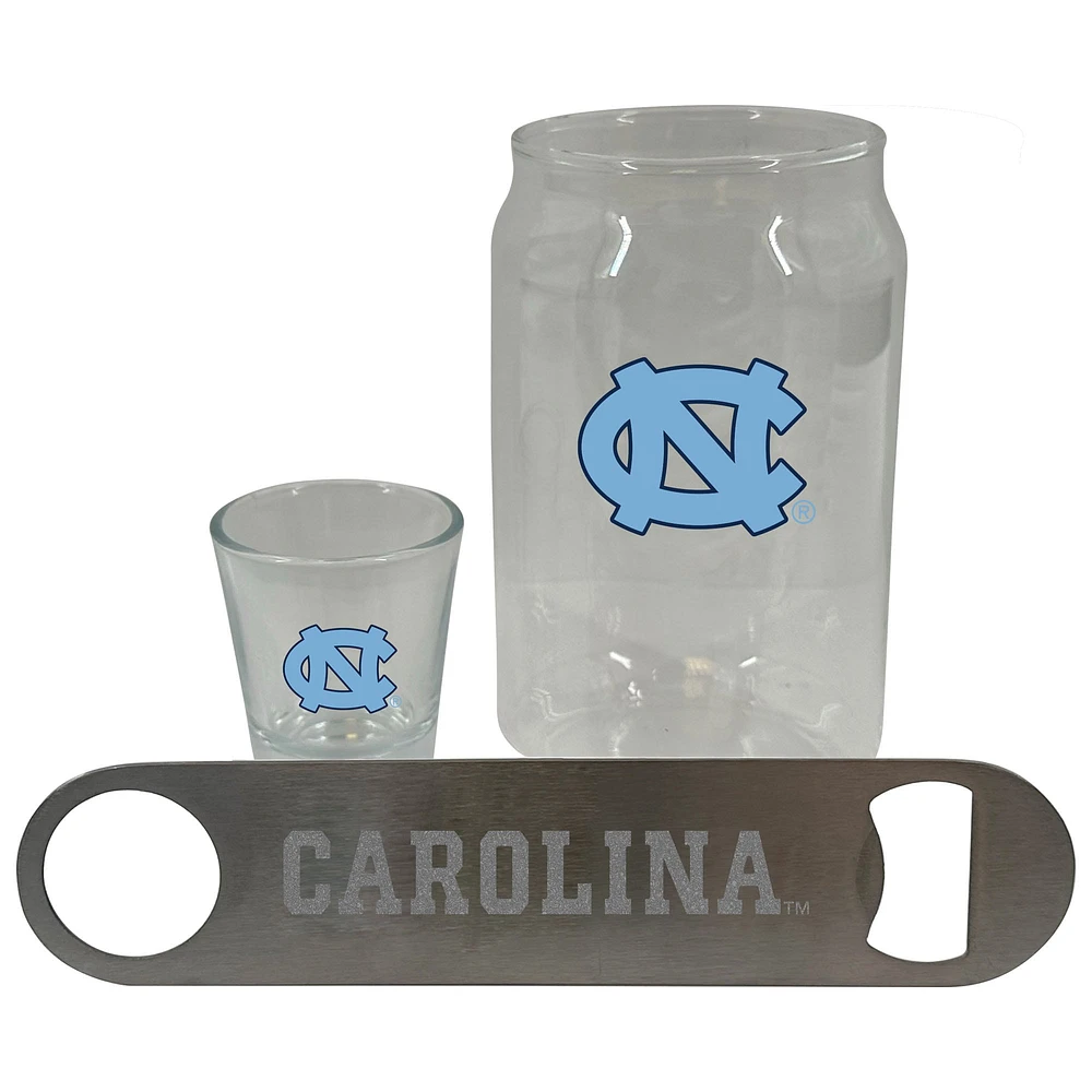 Lot de trois verres à bière de 2 oz et décapsuleur de The Memory Company North Carolina Tar Heels