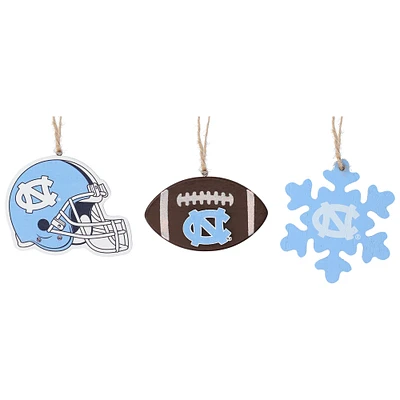 The Memory Company North Carolina Tar Heels Lot de trois décorations pour casque, ballon de football et flocon de neige