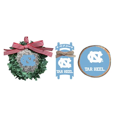 The Memory Company North Carolina Tar Heels Lot de trois couronnes, traîneaux et décorations circulaires