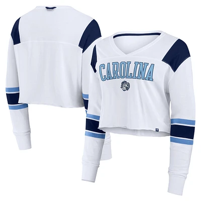 Women's Fanatics White North Carolina Tar Heels Training Camp Cropped Long Sleeve V-Neck Fashion Top