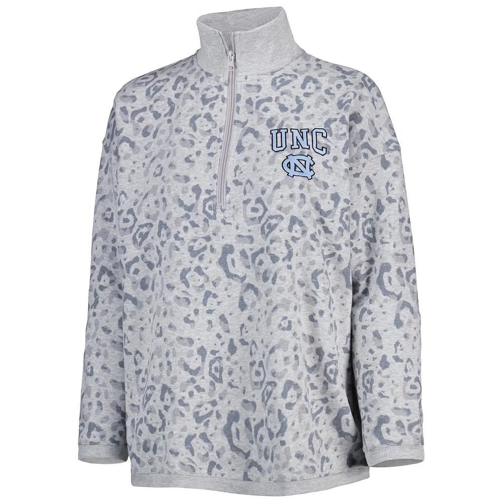 Sweat Gameday Couture pour femme, gris chiné, North Carolina Tar Heels, léopard avec fermeture éclair sur le quart