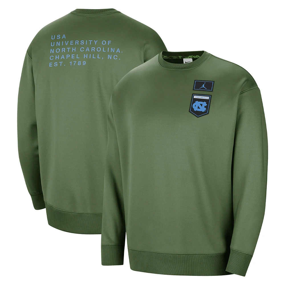 Women's Jordan Brand Olive North Carolina Tar Heels Military Collection All-Time Performance Crew Pullover Sweatshirt