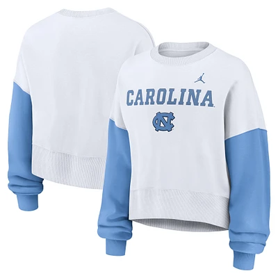Women's Jordan Brand White North Carolina Tar Heels Color-Block Oversized Cropped Pullover Sweatshirt