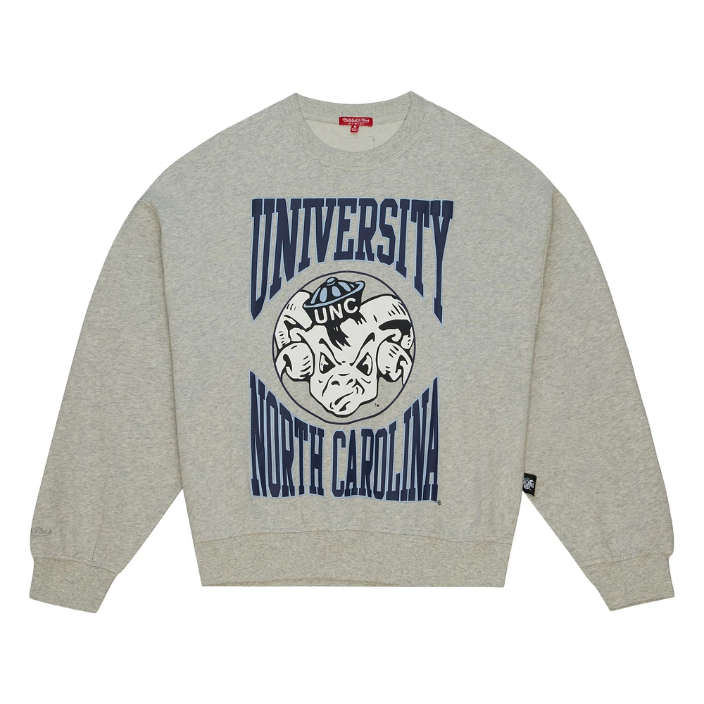 Women's Mitchell & Ness Heather Gray North Carolina Tar Heels Oversized Logo Lightweight Pullover Sweatshirt