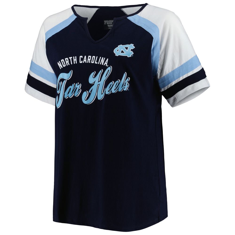 Women's Navy North Carolina Tar Heels Plus Arch Raglan Notch Neck T-Shirt