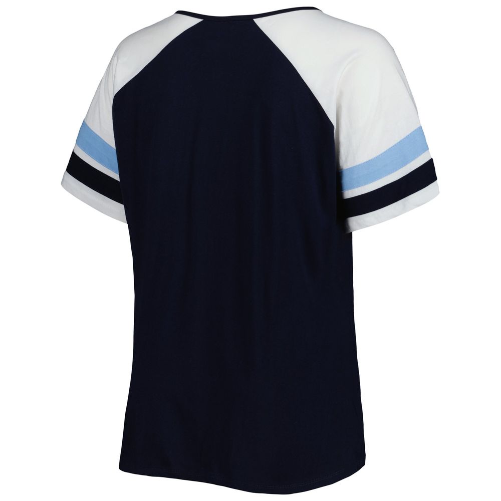 Women's Navy North Carolina Tar Heels Plus Arch Raglan Notch Neck T-Shirt