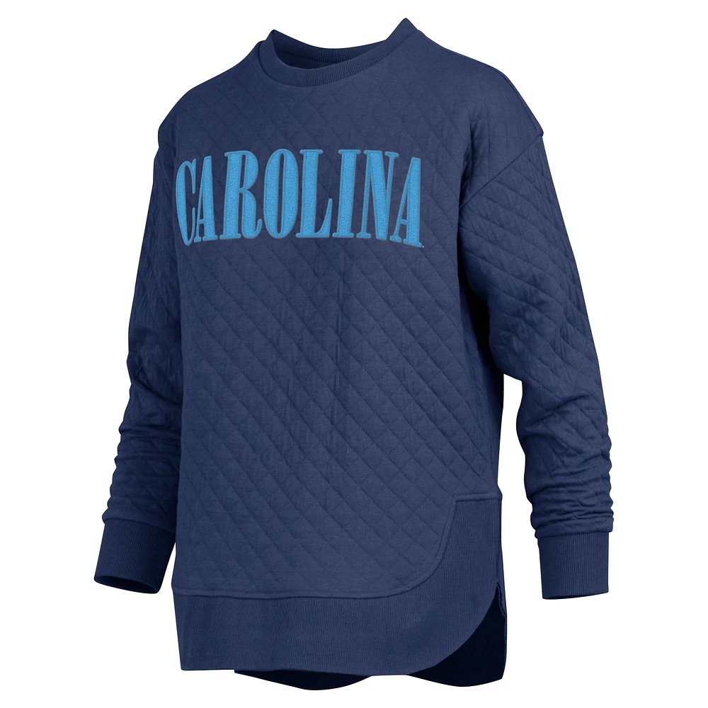 Women's Pressbox Navy North Carolina Tar Heels Quilted Long Sleeve Pullover Sweatshirt