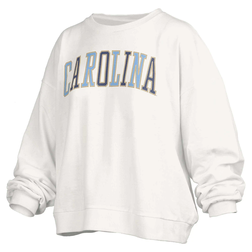 Women's Pressbox White North Carolina Tar Heels Janise Sequin Waist Length Oversized Pullover Sweatshirt