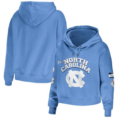 Women's WEAR by Erin Andrews Carolina Blue North Tar Heels Mixed Media Cropped Pullover Hoodie