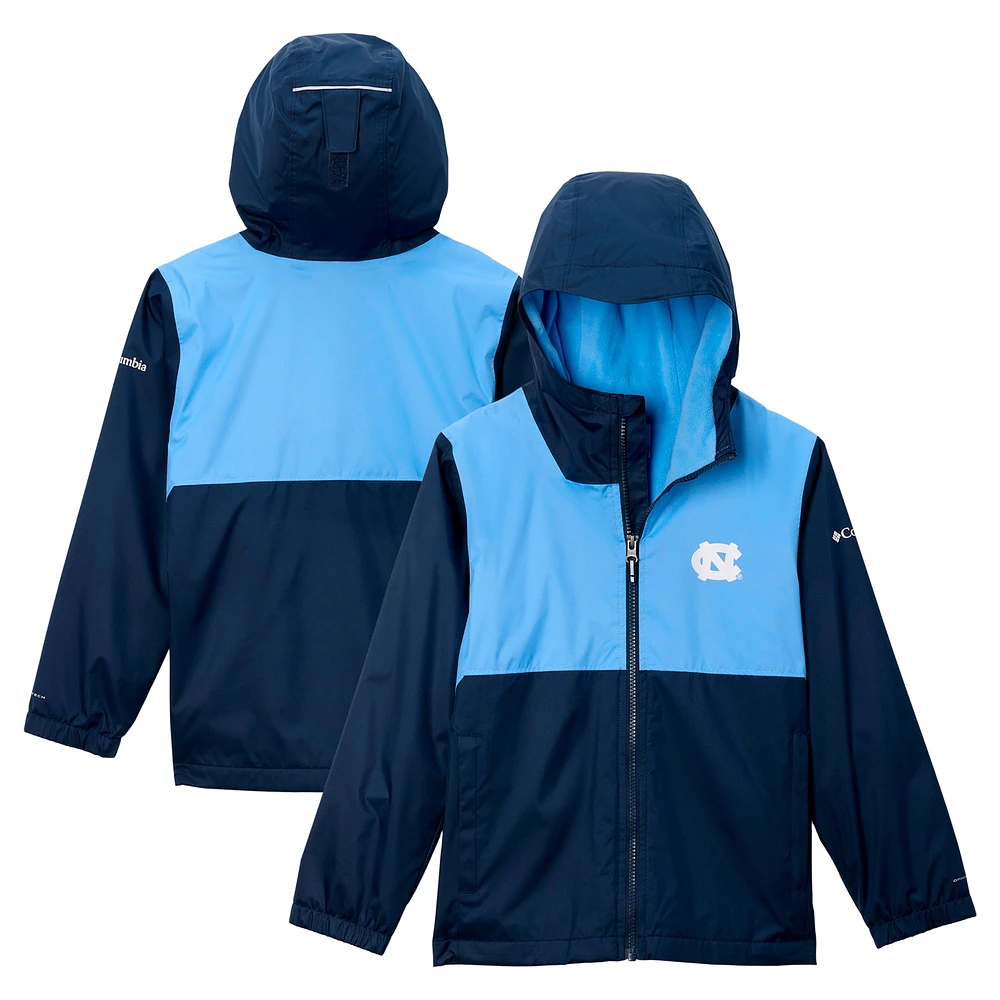 Veste à capuche entièrement zippée et doublée Rainy Fields de Columbia Navy North Carolina Tar Heels pour jeunes