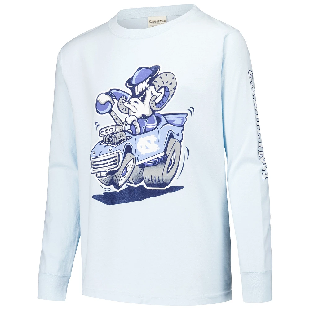 Youth ComfortWash Carolina Blue North Tar Heels Mascot Race Car T-shirt à manches longues