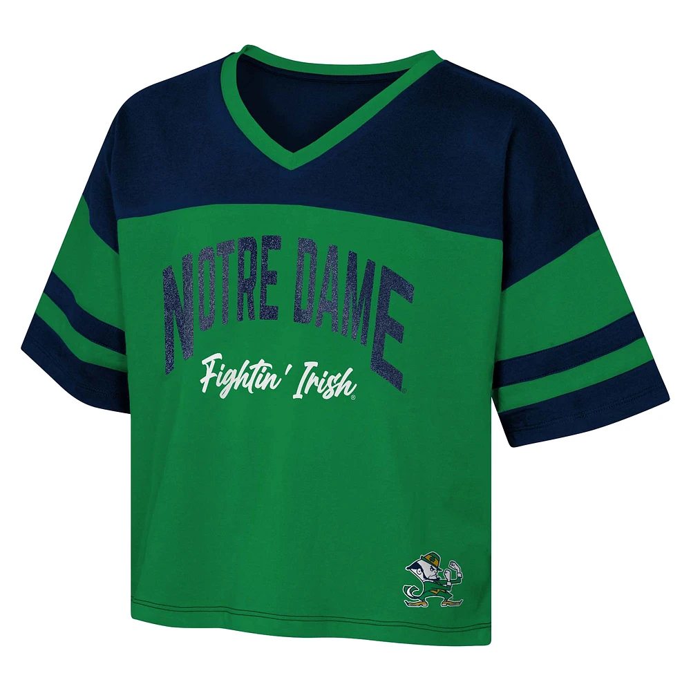 T-shirt en jersey à col V et rayures manches courtes pour jeunes filles de l'équipe Fighting Irish Notre Dame The Playmaker