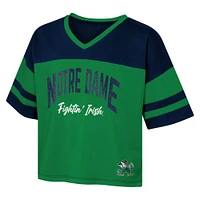 Girls Youth Navy Notre Dame Fighting Irish The Playmaker Sleeve Stripe V-Neck Jersey T-Shirt