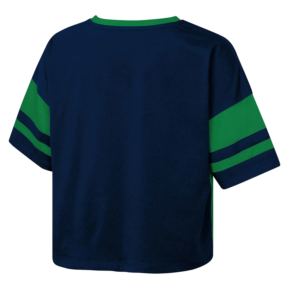 Girls Youth Navy Notre Dame Fighting Irish The Playmaker Sleeve Stripe V-Neck Jersey T-Shirt