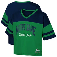 Girls Youth Navy Notre Dame Fighting Irish The Playmaker Sleeve Stripe V-Neck Jersey T-Shirt