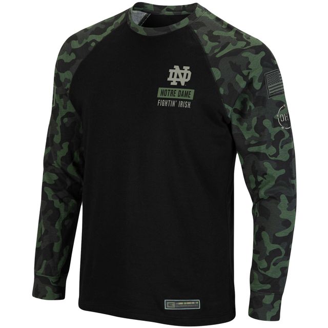 T-shirt à manches longues Colosseum Black Notre Dame Fighting Irish OHT Military Appreciation Camo Raglan pour hommes