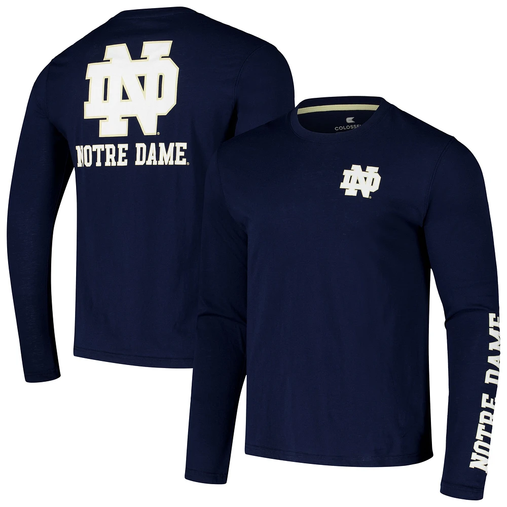 Men's Colosseum Navy Notre Dame Fighting Irish Logo Lockup 3-Hit Active Blend Long Sleeve T-Shirt