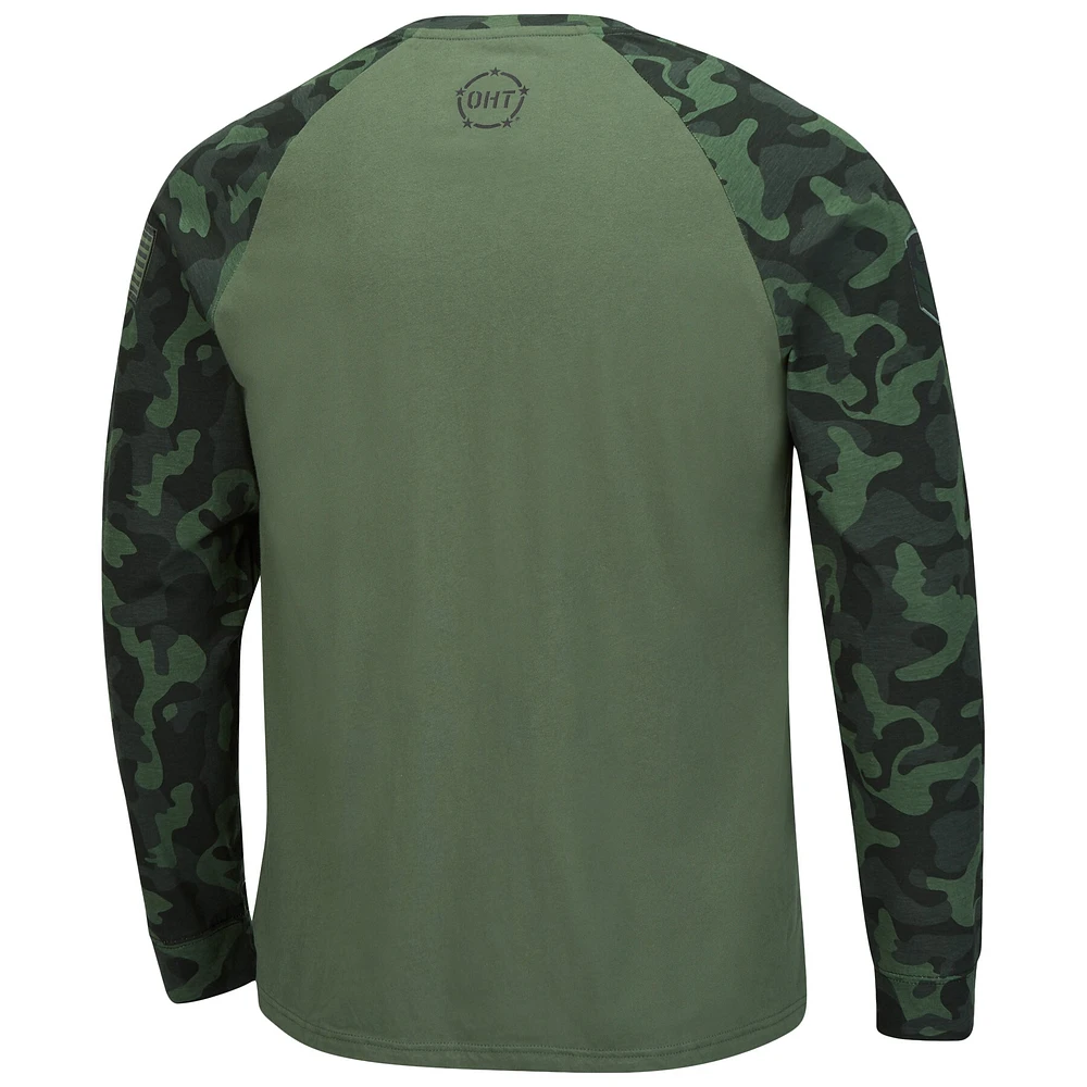 Men's Colosseum Olive/Camo Notre Dame Fighting Irish OHT Military Appreciation Slim-Fit Raglan Long Sleeve T-Shirt