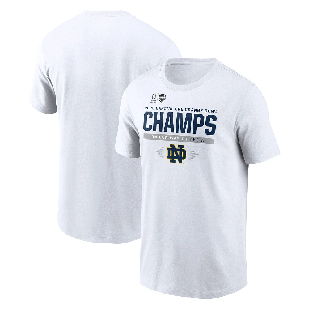 T-shirt Nike blanc pour homme Notre Dame Fighting Irish College Football Playoff 2025 Orange Bowl Champions Vestiaire