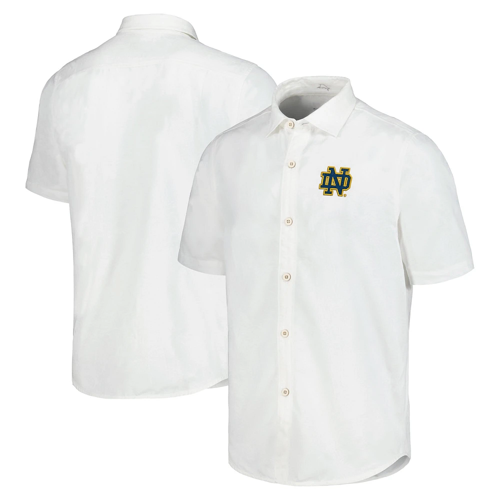 Chemise boutonnée Tommy Bahama blanche Notre Dame Fighting Irish Coconut Point Palm Vista IslandZone Camp pour hommes