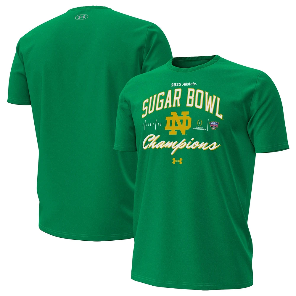 T-shirt vert Under Armour pour homme, champion du Sugar Bowl 2025 des éliminatoires de football universitaire Notre Dame Fighting Irish