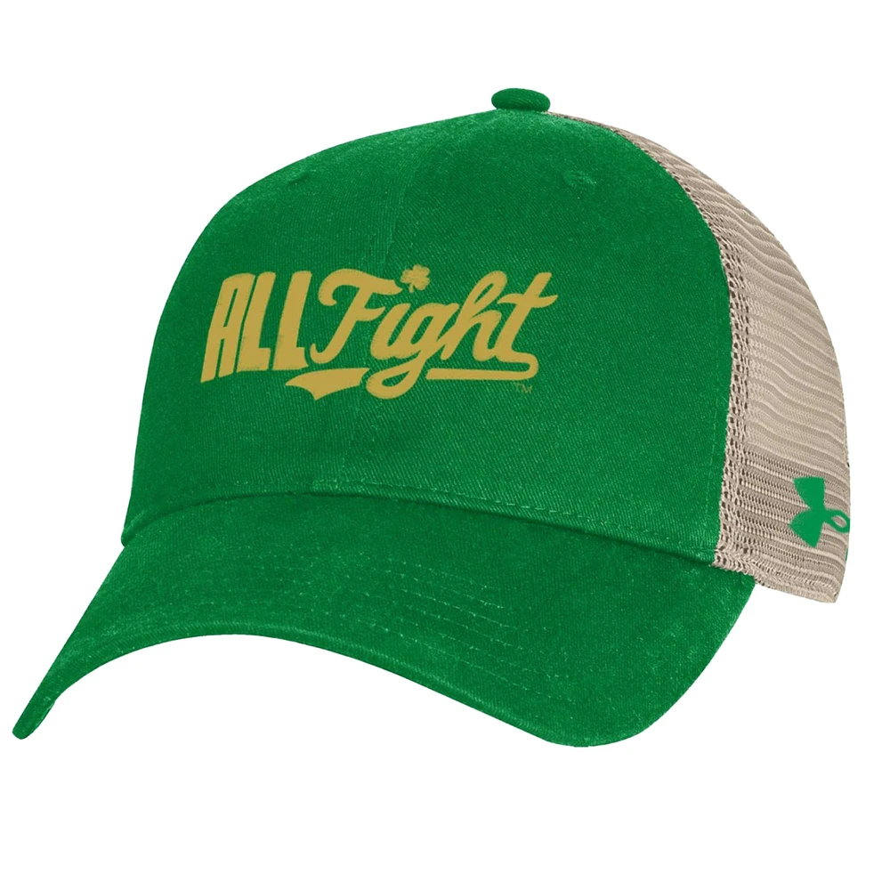 Casquette ajustable en coton pour homme Under Armour Kelly Green Notre Dame Fighting Irish Performance Trucker