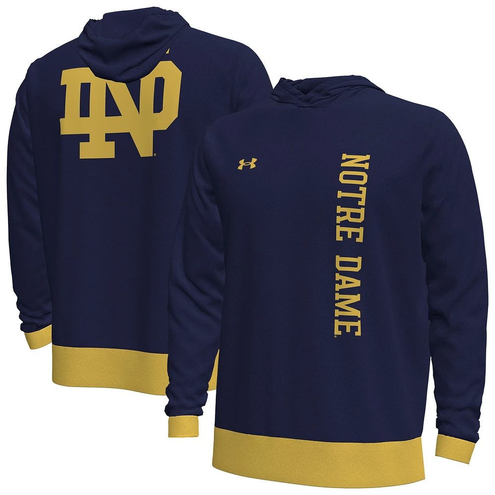 T-shirt à capuche manches longues pour homme Under Armour Navy Notre Dame Fighting Irish 2024 On-Court Shootaround